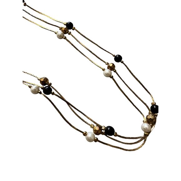 White, Black and Gold Three Strand Necklace - Picture 3 of 7